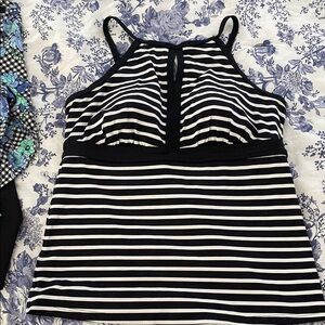 Black and White Swim Striped Halter Tankini Top